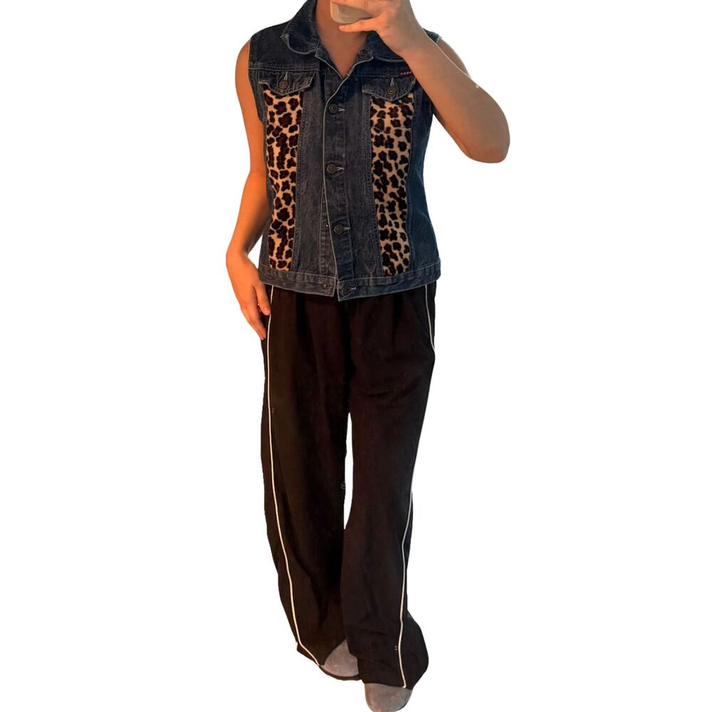 Vintage 1990s Nevada Denim Fuzzy Faux-Fur Cheetah Print Vest - S